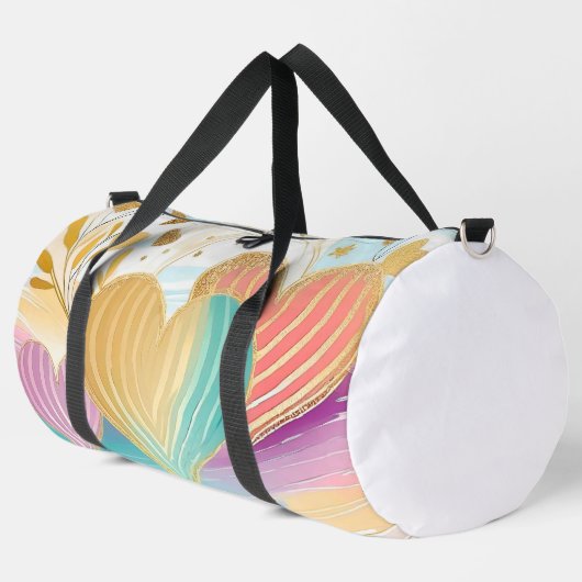 パステルピンクグリーンイエローパープル金ゴールドハート ダッフルバッグ (左コーナー)