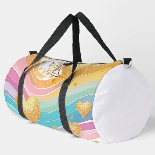 パステルピンクグリーンイエローパープル金ゴールドハート ダッフルバッグ (左コーナー)