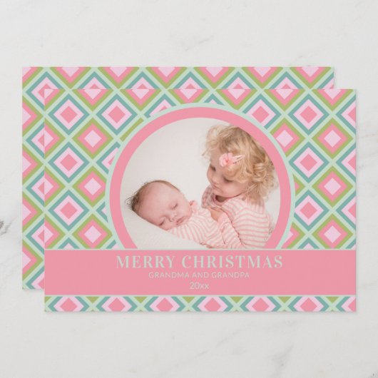 パステルピンクグリーン祖父母フォトクリスマス シーズンカード (正面/裏面)