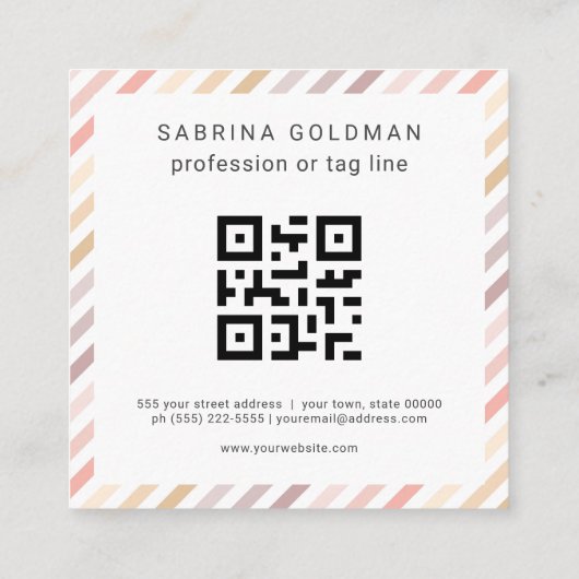 パステルピンクグレーストライプ金ゴールドQRコード スクエア名刺 (裏面)