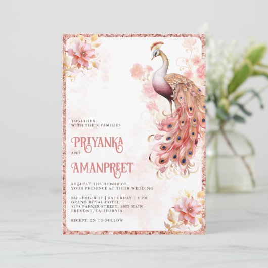 パステルピンクゴールドの花柄インドの孔雀の結婚式 招待状 (スタンド正面)