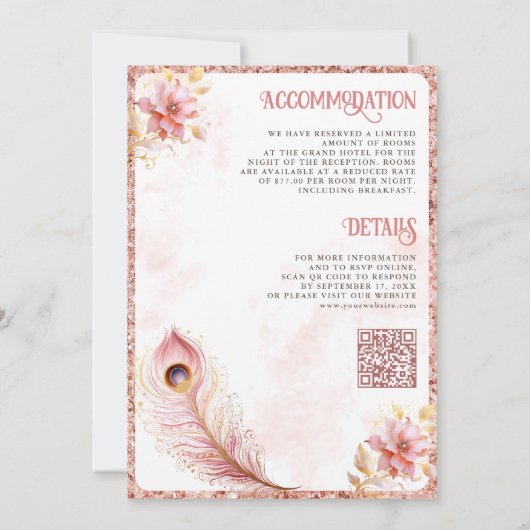 パステルピンクゴールドの花柄インドの孔雀の結婚式 招待状 (裏面)