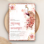パステルピンクゴールドの花柄インドの孔雀の結婚式 招待状