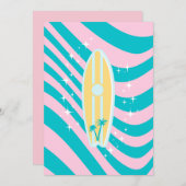 パステルピンクサーフボード、ビーチアート、トロピカルビベス 招待状 (正面/裏面)