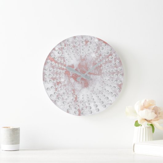 パステルピンクジェムクリスタルダイアモンズグレーマーブル ラージ壁時計 (ホーム)