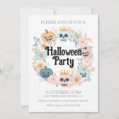 パステルピンクスカルパンプキンキュートハローウィンパーティ 招待状 (正面)