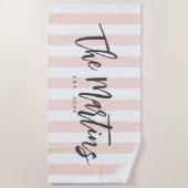 パステルピンクストライプのビーチタオル、新婚ギフト ビーチタオル (正面)