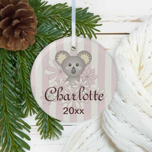 パステルピンクストライプクベビーかわいいコアラガール ガラスオーナメント