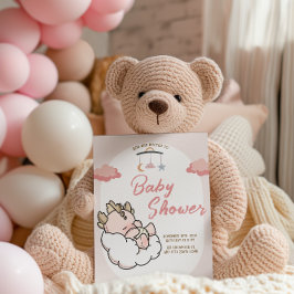 パステルピンクスリーピングクラウドベビードラゴン誕生日 招待状