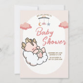 パステルピンクスリーピングクラウドベビードラゴン誕生日 招待状 (正面)