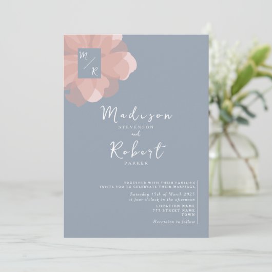 パステルピンクダスティブルーフローラ結婚式招待状 招待状 (スタンド正面)