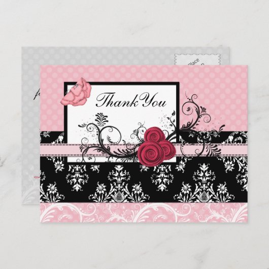 パステルピンクダマスク水玉模様ありがとう ポストカード (正面/裏面)