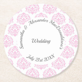 パステルピンクダマスク結婚式 ラウンドペーパーコースター