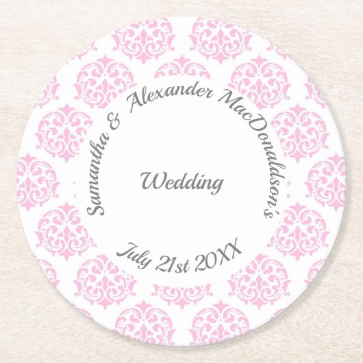 パステルピンクダマスク結婚式 ラウンドペーパーコースター (正面)