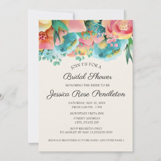 パステルピンクティール(緑がかった色)イエローフローラブライダルシャワー 招待状 (正面)