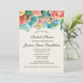 パステルピンクティール(緑がかった色)イエローフローラブライダルシャワー 招待状 (スタンド正面)