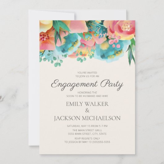 パステルピンクティール（緑がかった色）イエローフローラ婚約パーティ 招待状 (正面)