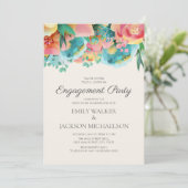 パステルピンクティール（緑がかった色）イエローフローラ婚約パーティ 招待状 (スタンド正面)