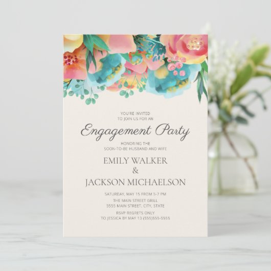 パステルピンクティール(緑がかった色)イエローフローラ婚約パーティ 招待状 (スタンド正面)