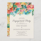 パステルピンクティール（緑がかった色）イエローフローラ婚約パーティ 招待状 (正面/裏面)