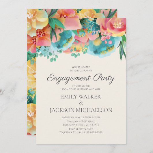 パステルピンクティール（緑がかった色）イエローフローラ婚約パーティ 招待状 (正面/裏面)