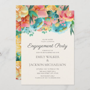 パステルピンクティール（緑がかった色）イエローフローラ婚約パーティ 招待状