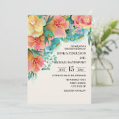 パステルピンクティール（緑がかった色）イエローフローラ結婚式招待状 招待状 (スタンド正面)