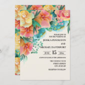 パステルピンクティール（緑がかった色）イエローフローラ結婚式招待状 招待状 (正面/裏面)