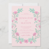 パステルピンクティール(緑がかった色)グリーンフローラボヘミアン結婚ズ 招待状 (正面)