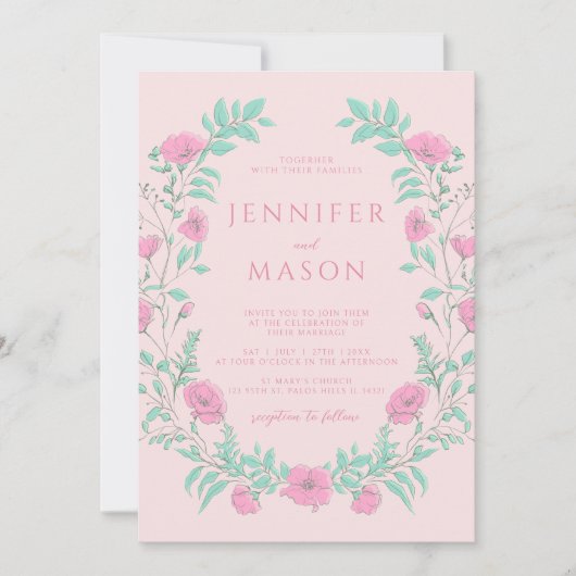 パステルピンクティール(緑がかった色)グリーンフローラボヘミアン結婚ズ 招待状 (正面)
