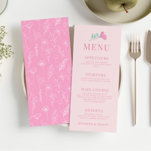 パステルピンクティール(緑がかった色)グリーンレトロエレガントなウェディングメニュー