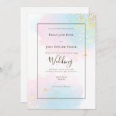 パステルピンクティール（緑がかった色）水彩金ゴールドスプラッシュ結婚ズ 招待状 (正面/裏面)