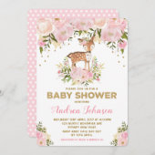 パステルピンクディアベビーガールシャワーウォーターカラー牡丹 招待状 (正面/裏面)