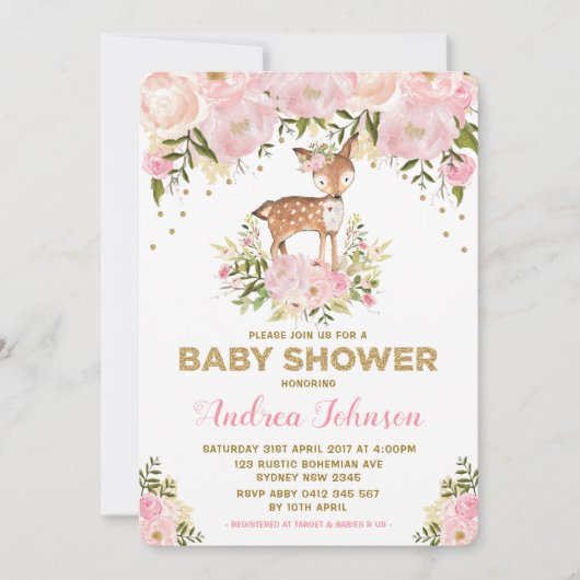 パステルピンクディアベビーガールシャワーウォーターカラー牡丹 招待状 (正面)
