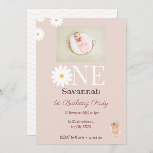 パステルピンクデイジー誕生日招待状 招待状 (正面/裏面)