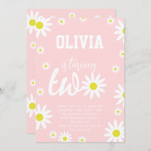 パステルピンクデイジー2nd誕生日パーティーボホホワイト 招待状 (正面/裏面)