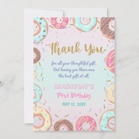 パステルピンクドーナツ誕生日ドーナツグローアップパーティー サンキューカード (正面)