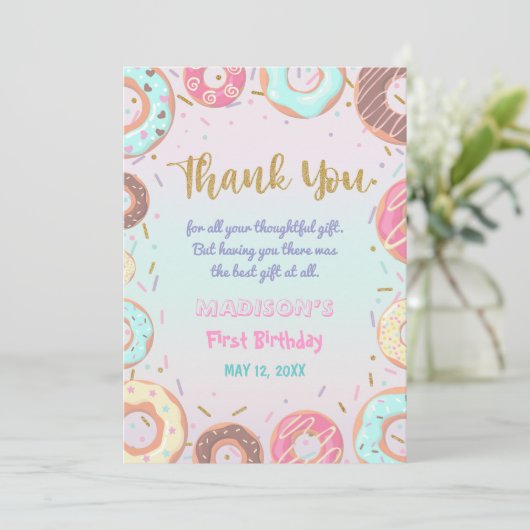 パステルピンクドーナツ誕生日ドーナツグローアップパーティー サンキューカード (スタンド正面)