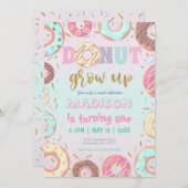 パステルピンクドーナツ誕生日ドーナツ成長パーティー 招待状 (正面/裏面)
