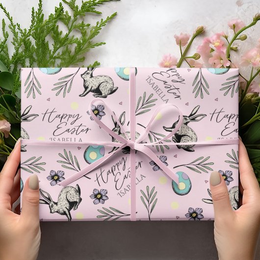 パステルピンクハッピーイースターバンニ ラッピングペーパー