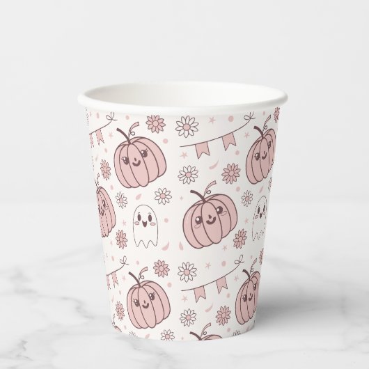 パステルピンクハロウィンシームレスパターン(2) 紙コップ (正面)