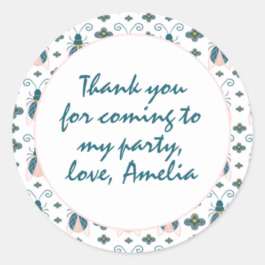 パステルピンクバグズフラワーガール誕生日ありがとう ラウンドシール (正面)
