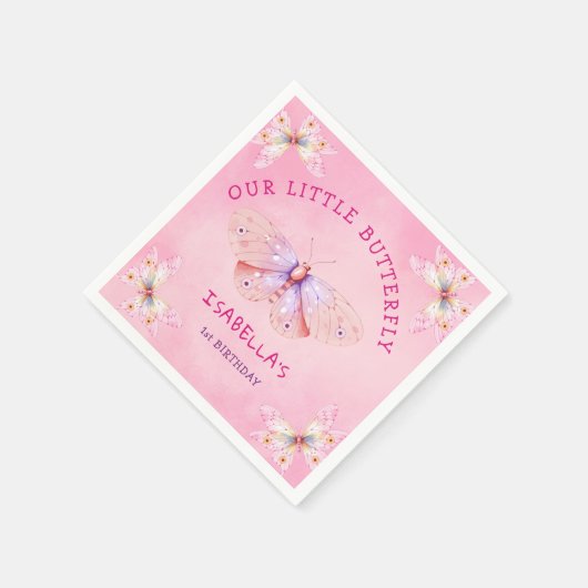 パステルピンクバタフライテーマガールズ1歳の誕生日 スタンダードカクテルナプキン (角)