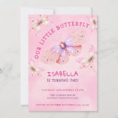 パステルピンクバタフライテーマガールズ1歳の誕生日 招待状 (正面)