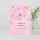 パステルピンクバタフライテーマガールズ1歳の誕生日 招待状 (スタンド正面)