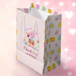パステルピンクバニーガーデンエッグパターン子供の誕生日 ミディアムペーパーバッグ