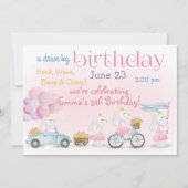 パステルピンクバンニーズドライブバイ誕生日 招待状 (正面)