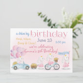 パステルピンクバンニーズドライブバイ誕生日 招待状 (スタンド正面)