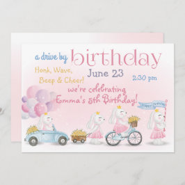 パステルピンクバンニーズドライブバイ誕生日 招待状