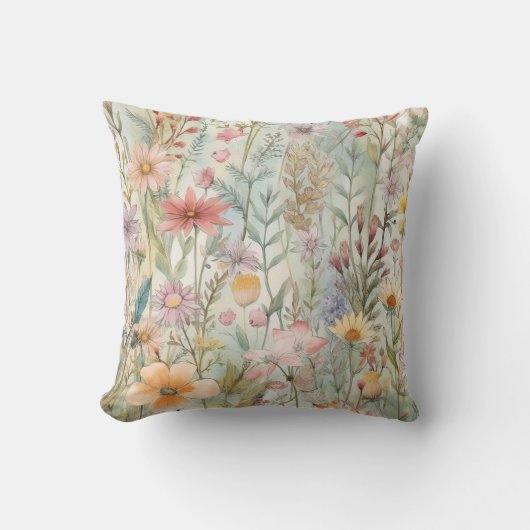 パステルピンクパープルイエローワイルドフラワーズセージグリーン クッション (正面)